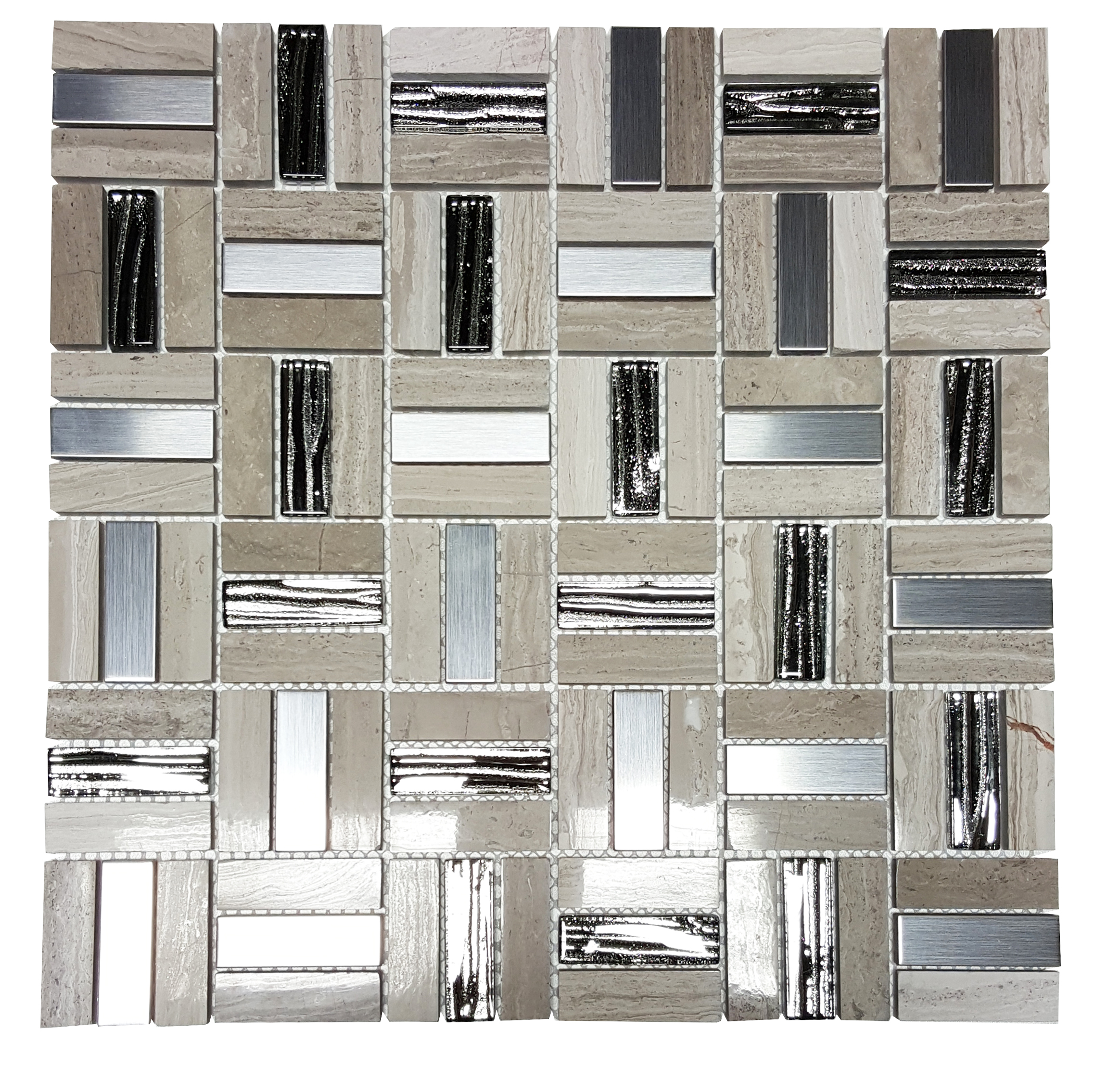 MA66-SR  2"  SQUARE PATTERN GLASS, MARBLE AND METAL MOSAIC 