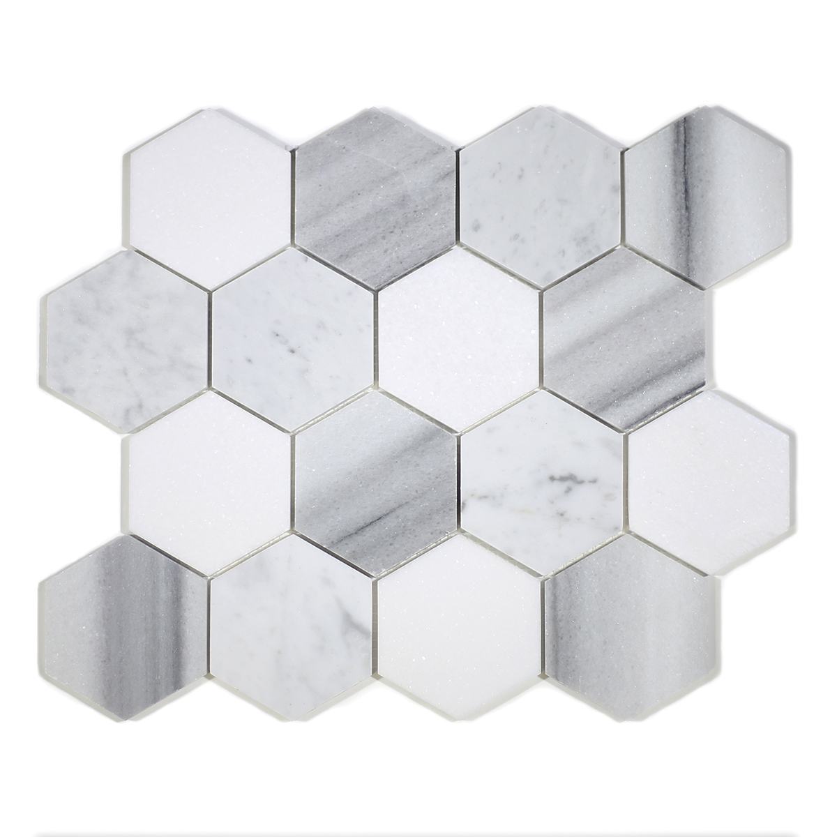 MA231-HX3  3" White Carrara, marwa, thasos POLISHED Hexagon